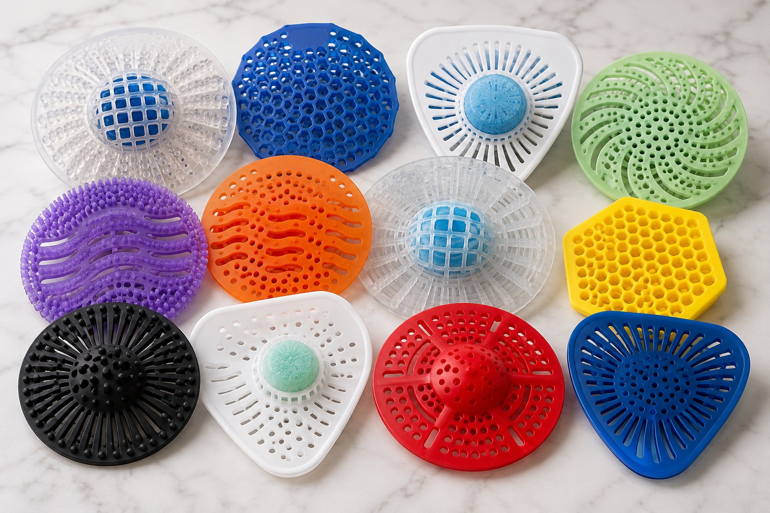 Category illustration of colorful urinal screens arranged on a marble surface
